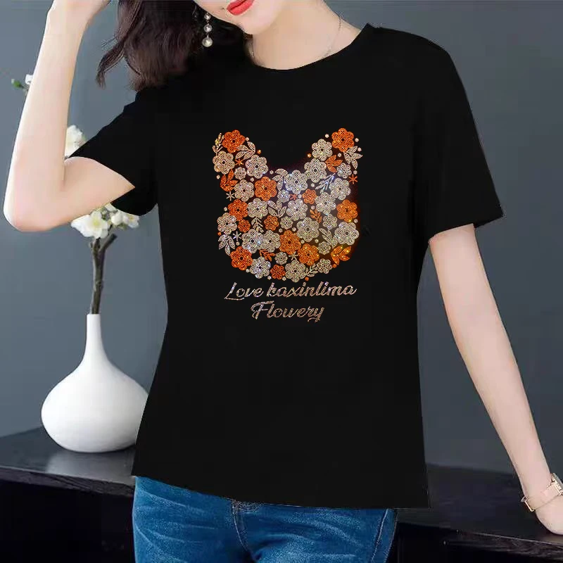 Women's Summer Casual T-shirt with Rhinestones, Sparkling in Sunlight and Lamplight
Women's Summer Casual T-shirt with Rhinestones, Sparkling in Sunlight and Lamplight