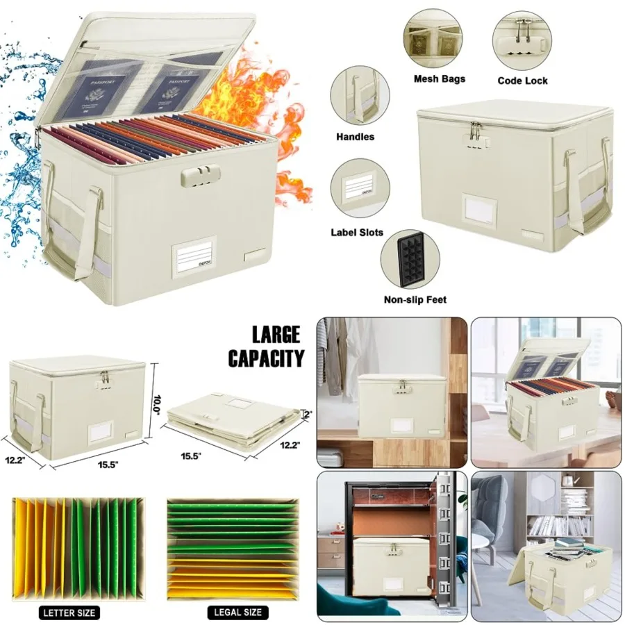 File Box with Lock, Fireproof Document Box with Zipper Lid, Collapsible File Storage Organizer Filing Cabinet with Handles, Por
File Box with Lock, Fireproof Document Box with Zipper Lid, Collapsible File Storage Organizer Filing Cabinet with Handles, Por