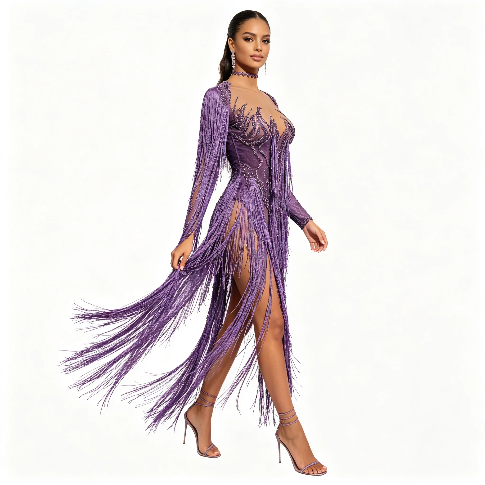 Luxurious Purple Rhinestone Tassel Dress See-through Mesh Ruffle Dance Skirt Celebrating Birthday Party Stage Dance Costume
Luxurious Purple Rhinestone Tassel Dress See-through Mesh Ruffle Dance Skirt Celebrating Birthday Party Stage Dance Costume