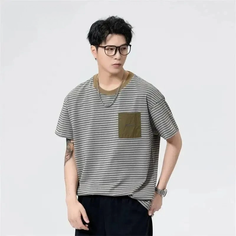 Pure Cotton Striped Pocket Embroidered Men's T-shirt Loose Fit Drop Shoulder Short Sleeve Casual Summer Pullover Top
Pure Cotton Striped Pocket Embroidered Men's T-shirt Loose Fit Drop Shoulder Short Sleeve Casual Summer Pullover Top
