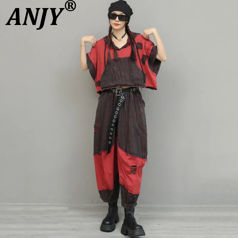ANJY Spring Summer New Women Trend Design Color Blocked Denim Hooded Top Elastic Waist Ripped Loose Casual Wide Leg Pants A22407
ANJY Spring Summer New Women Trend Design Color Blocked Denim Hooded Top Elastic Waist Ripped Loose Casual Wide Leg Pants A22407
