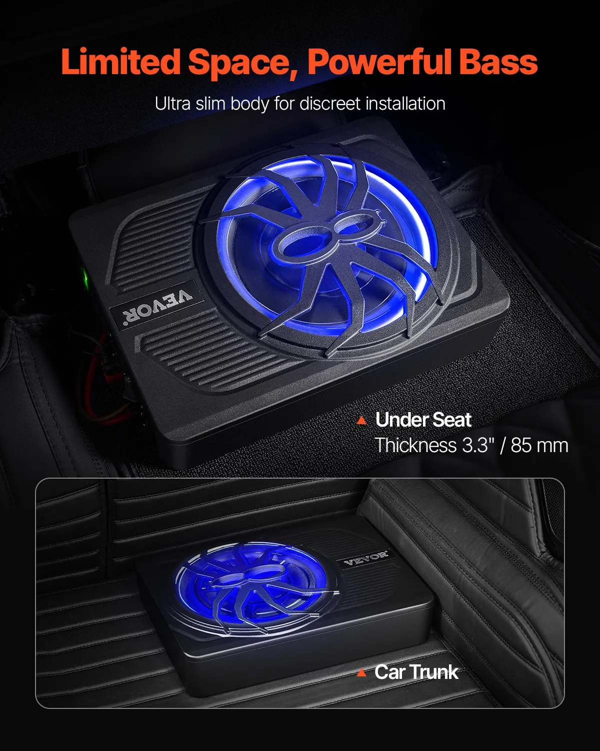 10" 440W Underseat Car Subwoofer, Slim Powered Car Subwoofers With Blue Ambient Light, Low Profile Audio Sub Under The Seat
10" 440W Underseat Car Subwoofer, Slim Powered Car Subwoofers With Blue Ambient Light, Low Profile Audio Sub Under The Seat