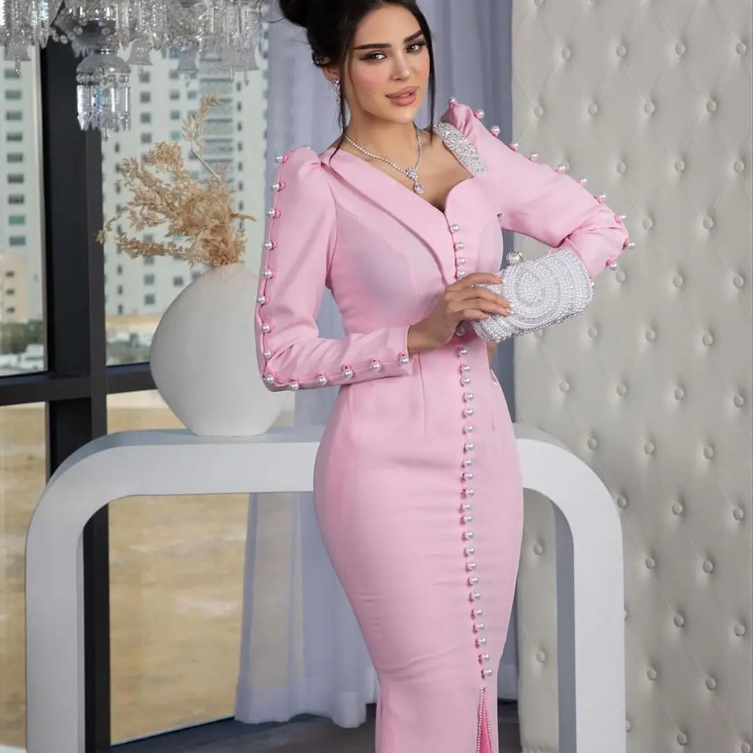 Pink Mermaid Prom Dresses V Neck Luxury Evening Dresses Long Sleeves Beaded Floor Length Saudi Arabia Women's Wedding Party
Pink Mermaid Prom Dresses V Neck Luxury Evening Dresses Long Sleeves Beaded Floor Length Saudi Arabia Women's Wedding Party