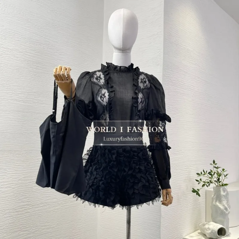 black long sleeve lace patchwork blouse Cotton tops and Linen shorts sets 2025 high quality new fashion style
black long sleeve lace patchwork blouse Cotton tops and Linen shorts sets 2025 high quality new fashion style