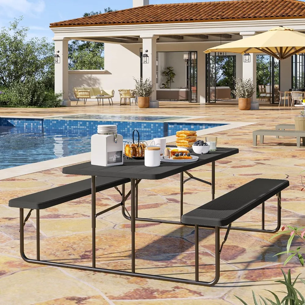 Folding wild dining table with easy steel frame and natural wood appearance tabletop with bench, used for yard lawn
Folding wild dining table with easy steel frame and natural wood appearance tabletop with bench, used for yard lawn