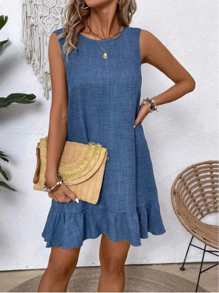 Solid Color Round Neck Short Sleeved Sleeveless Lace Up Pleated Women's Dress Loose Casual Daily Commuting Style Summer Dress
Solid Color Round Neck Short Sleeved Sleeveless Lace Up Pleated Women's Dress Loose Casual Daily Commuting Style Summer Dress
