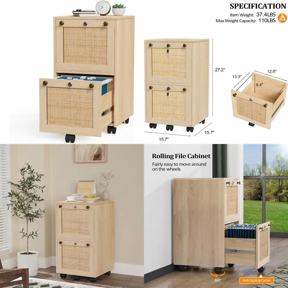 2-Drawer Lockable Rolling File Cabinet for Home Office, Wooden Rattan Oak File Organizer
2-Drawer Lockable Rolling File Cabinet for Home Office, Wooden Rattan Oak File Organizer