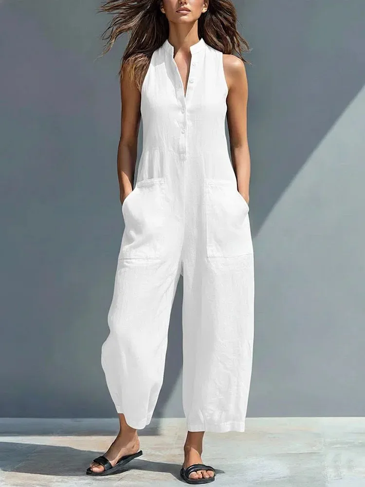 Spring Summer Fashion Cargo Pants Rompers Jumpsuit Women Loose Sleeveless Stand Collar Buttons Pockets Wide Legs Overalls 65029
Spring Summer Fashion Cargo Pants Rompers Jumpsuit Women Loose Sleeveless Stand Collar Buttons Pockets Wide Legs Overalls 65029