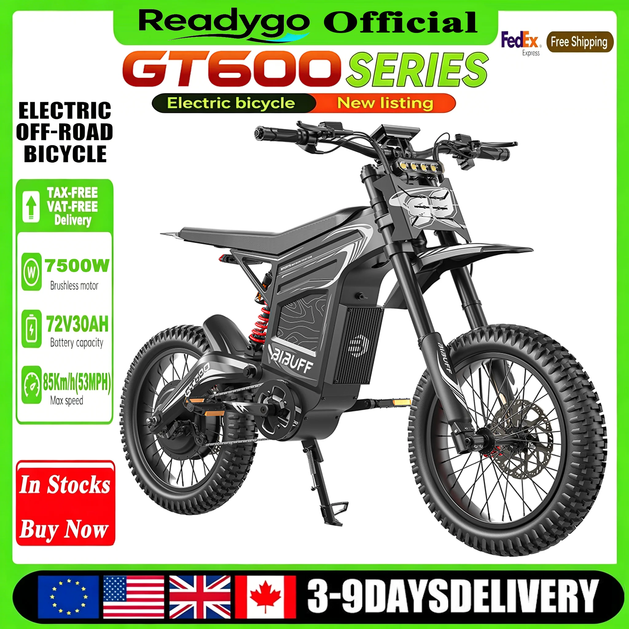 Readygo BIBUFF GT600 EKXBIKE 85Km/h Adult Off-Road Ebike 7500W Brushless Motor 72V30AH Lithium Battery Electric Bicycle
Readygo BIBUFF GT600 EKXBIKE 85Km/h Adult Off-Road Ebike 7500W Brushless Motor 72V30AH Lithium Battery Electric Bicycle
