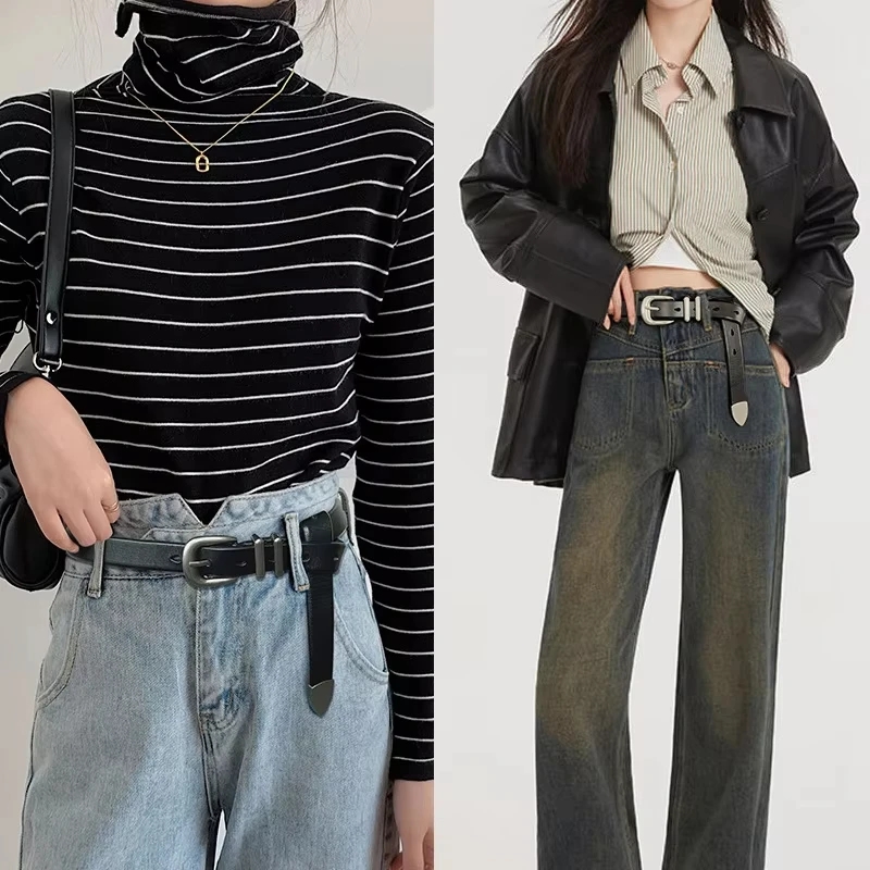 Korean style women's new belt decoration design, niche women's versatile jeans, black genuine leather
Korean style women's new belt decoration design, niche women's versatile jeans, black genuine leather