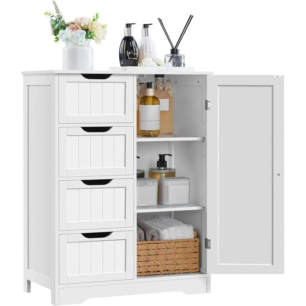 White Freestanding Large Bathroom Floor Cabinet with 4 Drawers and Single Door Storage for Living Room, Kitchen, or Hallway
White Freestanding Large Bathroom Floor Cabinet with 4 Drawers and Single Door Storage for Living Room, Kitchen, or Hallway