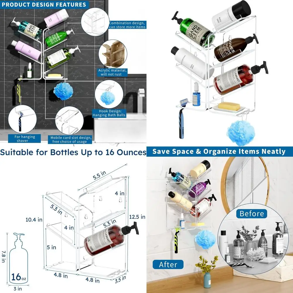 Clear Acrylic Shower Caddy with Suction Cups, Wall Mount Shampoo Holder Organizer, Rustproof and Durable
Clear Acrylic Shower Caddy with Suction Cups, Wall Mount Shampoo Holder Organizer, Rustproof and Durable