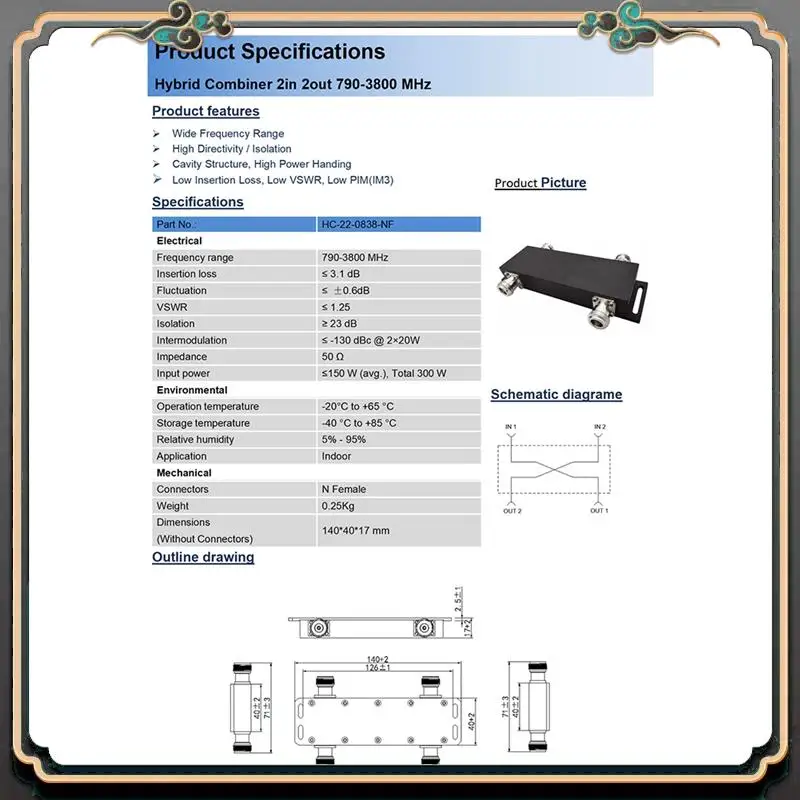 ASMA-Cavity Bridge RF 2-Input 2-Output 3Db Bridge N Female Same Frequency Combiner 790-3800Mhz Bridge
ASMA-Cavity Bridge RF 2-Input 2-Output 3Db Bridge N Female Same Frequency Combiner 790-3800Mhz Bridge