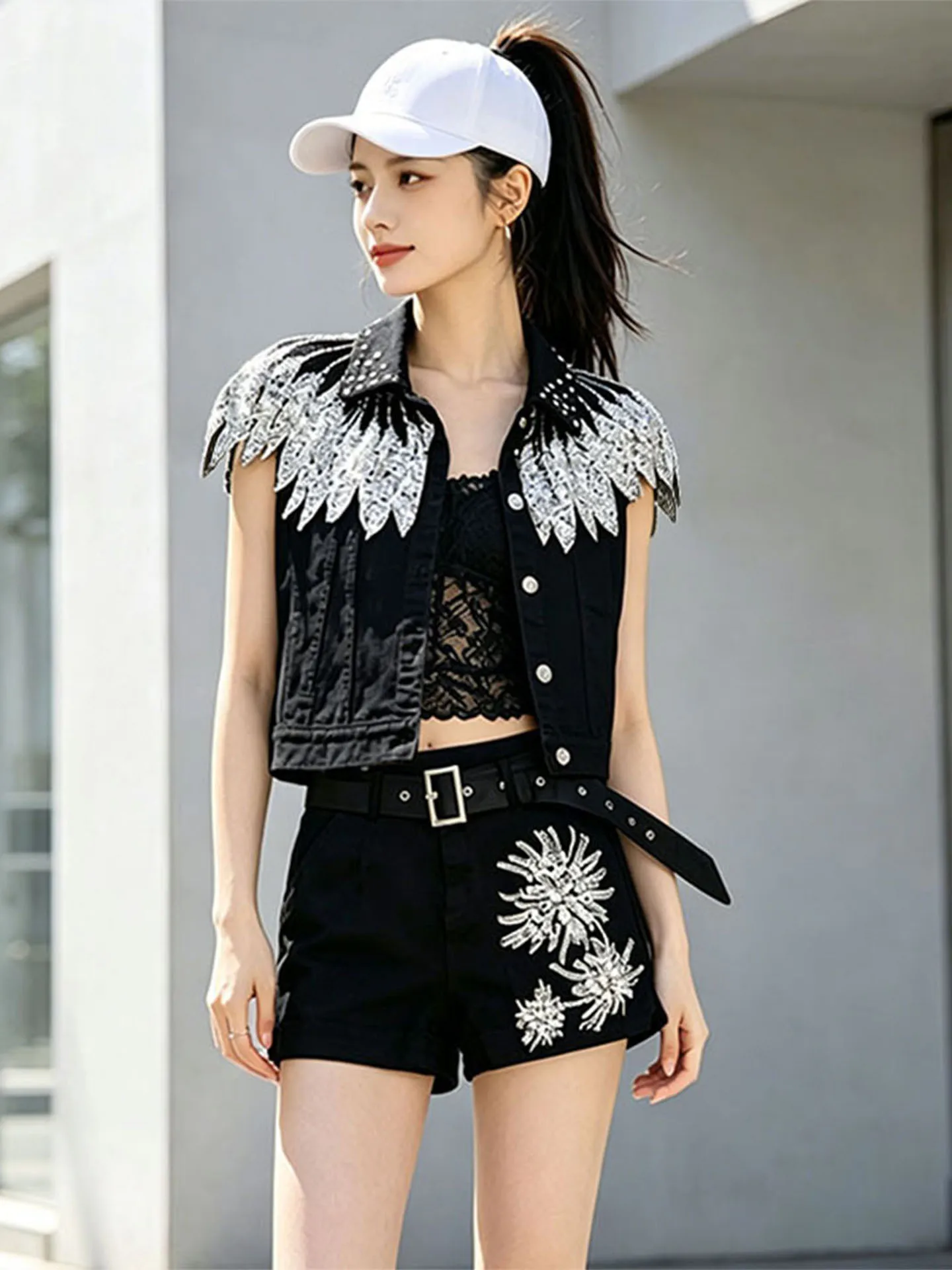 Slim Fit Short Denim Vest And Shorts Set with Rivet Fringe Sequin Heavy Duty Two Piece Women's Fashion Summer Outfit
Slim Fit Short Denim Vest And Shorts Set with Rivet Fringe Sequin Heavy Duty Two Piece Women's Fashion Summer Outfit