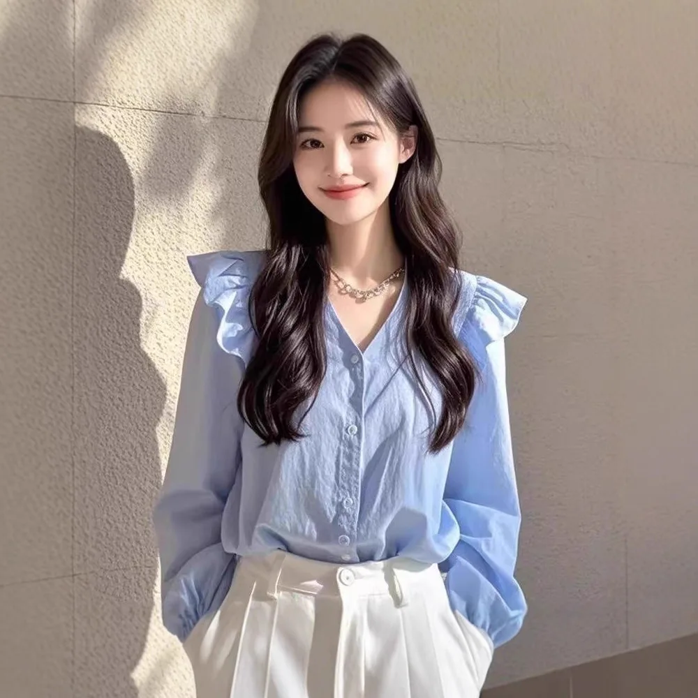 Women's Light Blue Ruffled V-Neck Blouse, Casual Long Puff Sleeve Button-Down Shirt, Sweet Office & Daily Wear Top
Women's Light Blue Ruffled V-Neck Blouse, Casual Long Puff Sleeve Button-Down Shirt, Sweet Office & Daily Wear Top