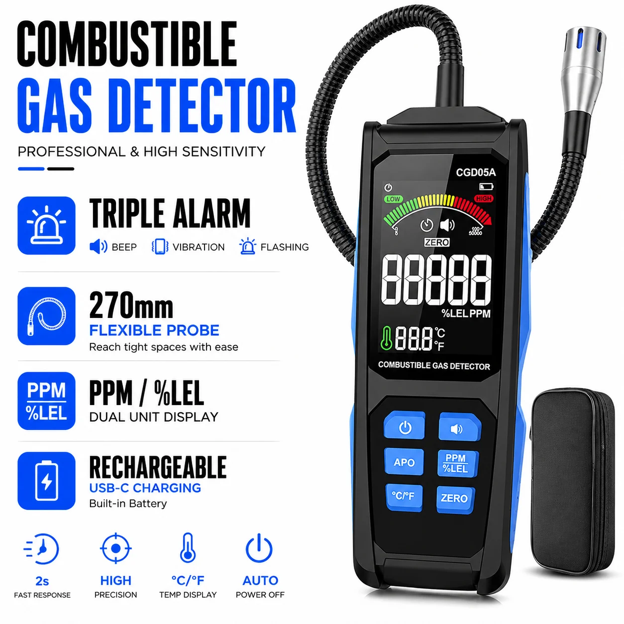 Natural Gas Leak Detector 10inch Flexible Neck Portable Rechargeable Gas Alarm with Sound Vibration Flash 3-Alarm for Home Kitch
Natural Gas Leak Detector 10inch Flexible Neck Portable Rechargeable Gas Alarm with Sound Vibration Flash 3-Alarm for Home Kitch