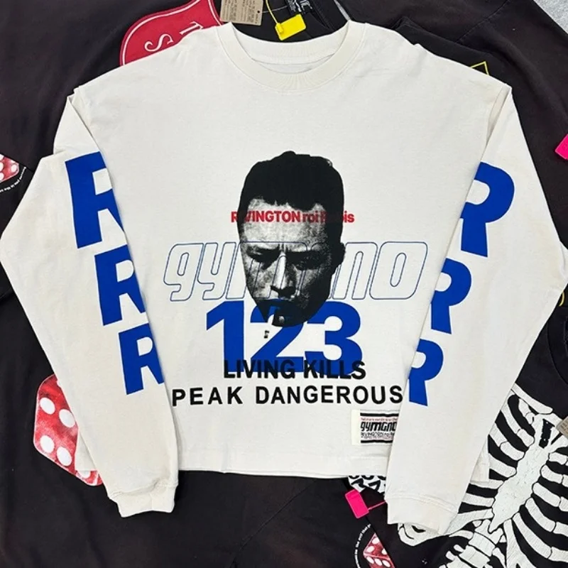 Portrait Graffiti Slogan Printed RRR123 T Shirt Casual Base Shirt High Street Men Women Fashionable White Long Sleeved T-shirt
Portrait Graffiti Slogan Printed RRR123 T Shirt Casual Base Shirt High Street Men Women Fashionable White Long Sleeved T-shirt