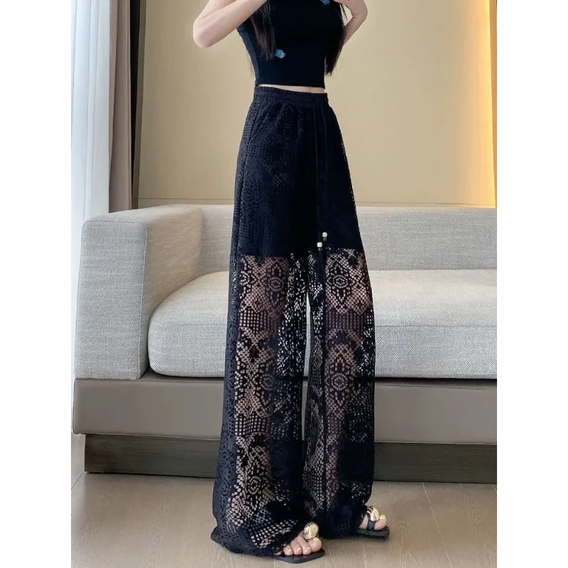 Women's Black Lace Wide Leg Pants Sheer Hollow Out High Waist Loose Fit Casual Trousers For Summer Beach
Women's Black Lace Wide Leg Pants Sheer Hollow Out High Waist Loose Fit Casual Trousers For Summer Beach