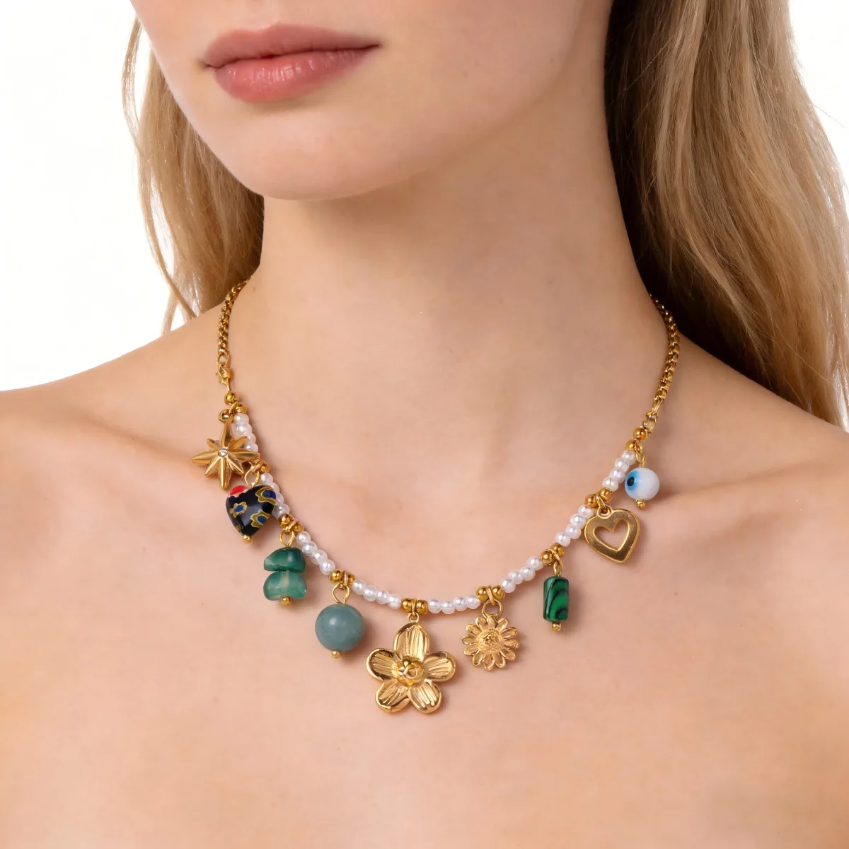 316L Stainless Steel Golden Flower Heart Star Eye Multi Pendant Pearl Bead Necklace Women Fashion Waterproof Jewelry
316L Stainless Steel Golden Flower Heart Star Eye Multi Pendant Pearl Bead Necklace Women Fashion Waterproof Jewelry