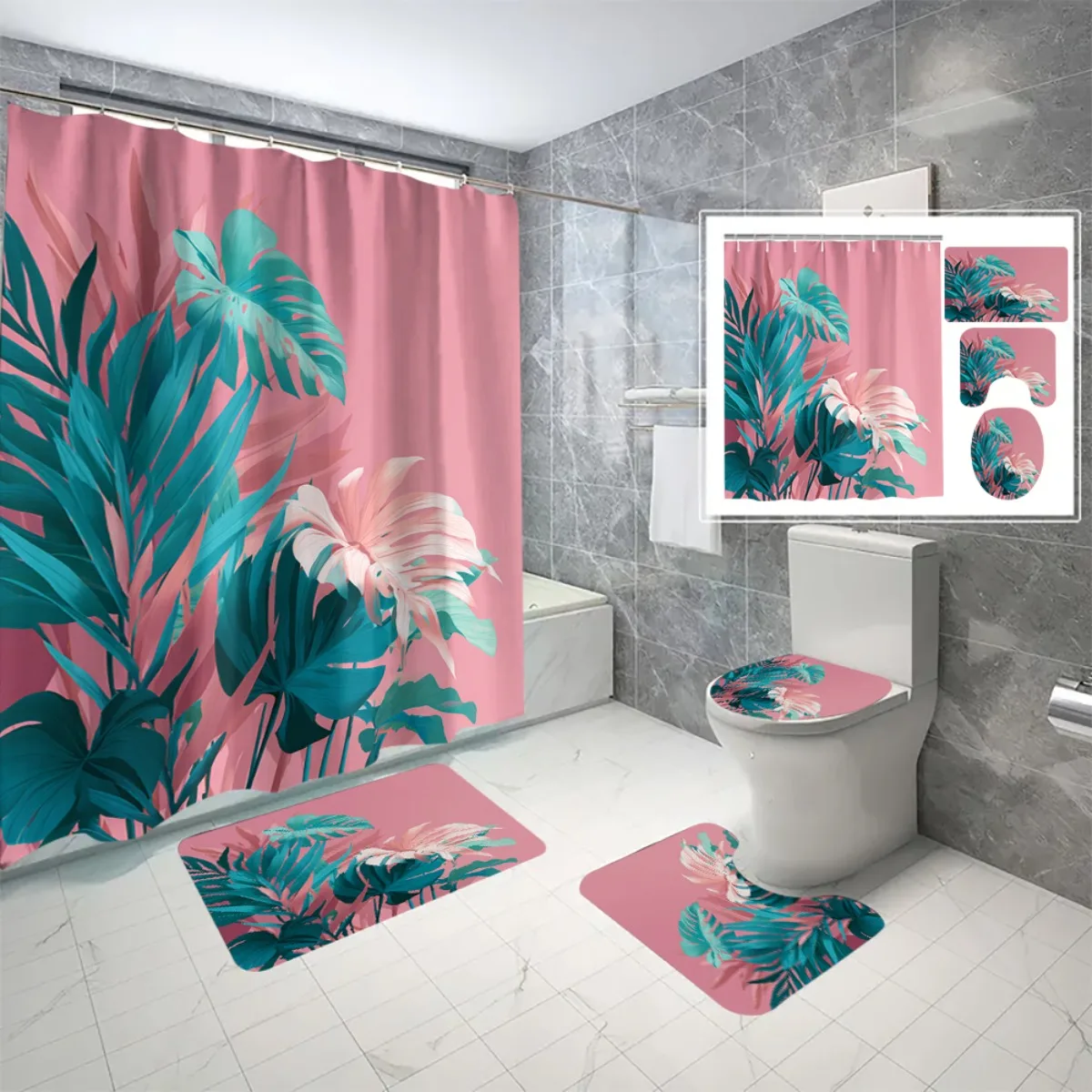 4pc tropical leaf patterned bathroom set includes shower curtain, U-shaped floor mat, non-slip mat, and toilet seat
4pc tropical leaf patterned bathroom set includes shower curtain, U-shaped floor mat, non-slip mat, and toilet seat