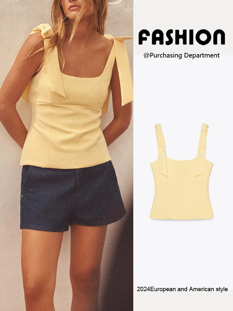 Новый летний женский облегающий универсальный топ с квадратным воротником, украшенный узлом, жилет обычной длины
Новый летний женский облегающий универсальный топ с квадратным воротником, украшенный узлом, жилет обычной длины