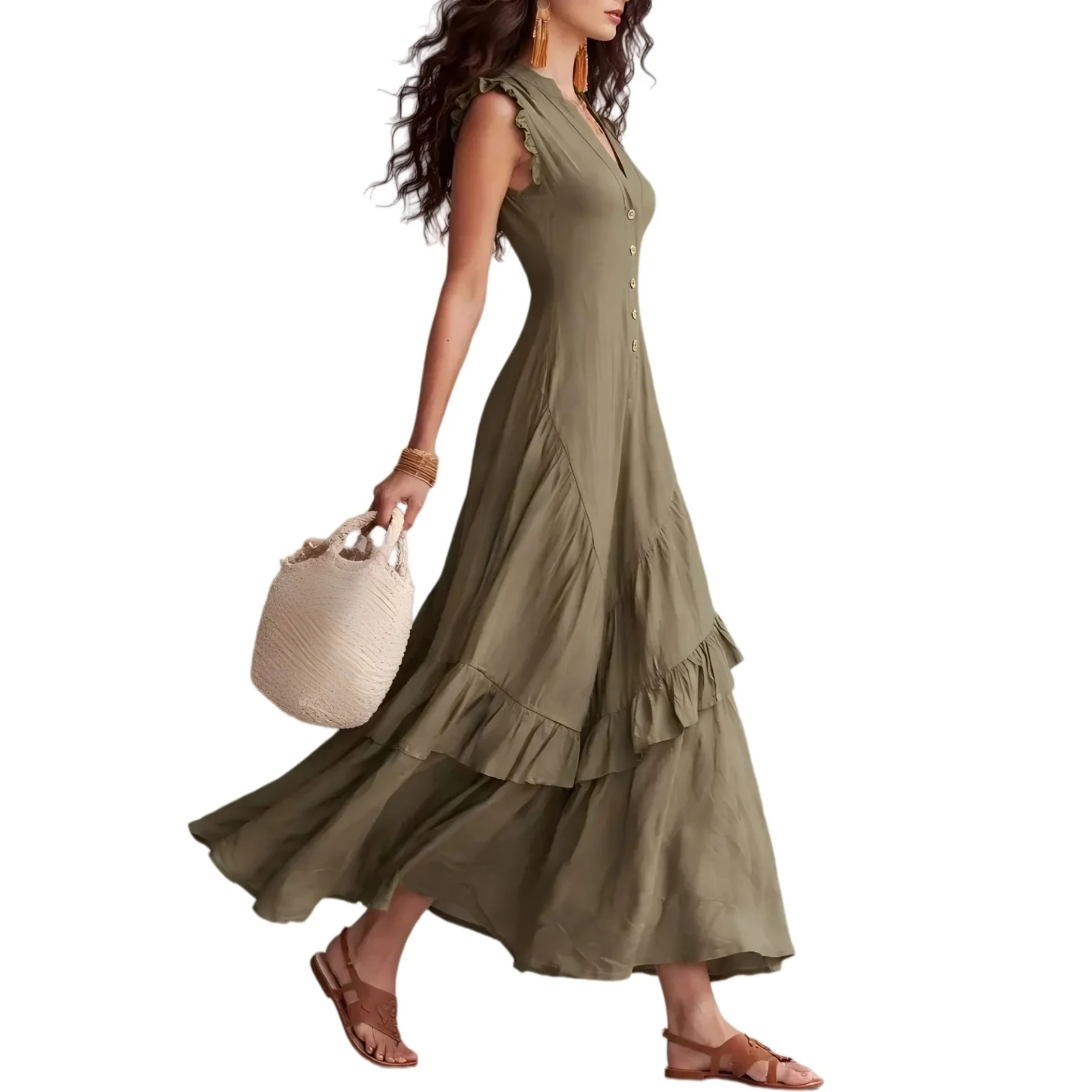 Summer Boho Flowy Sleeveless Maxi Dress - Women Elegant V-Neck Button-Front Ruffle Hem A-Line Skirt
Summer Boho Flowy Sleeveless Maxi Dress - Women Elegant V-Neck Button-Front Ruffle Hem A-Line Skirt