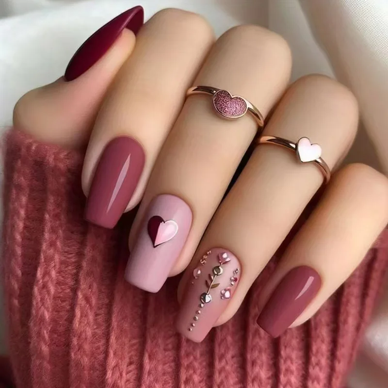 Mid-length Ballet Coffin Press On Nails, Burgundy & Pink with Heart & Rhinestone Floral, Romantic Reusable Fake Nails
Mid-length Ballet Coffin Press On Nails, Burgundy & Pink with Heart & Rhinestone Floral, Romantic Reusable Fake Nails