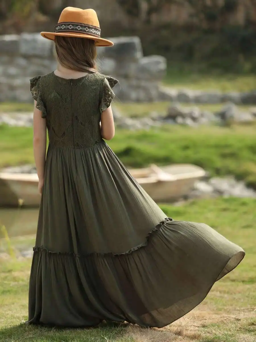 Olive Green Lace Ruffle Trimmed Bohemian Maxi Dress
Olive Green Lace Ruffle Trimmed Bohemian Maxi Dress