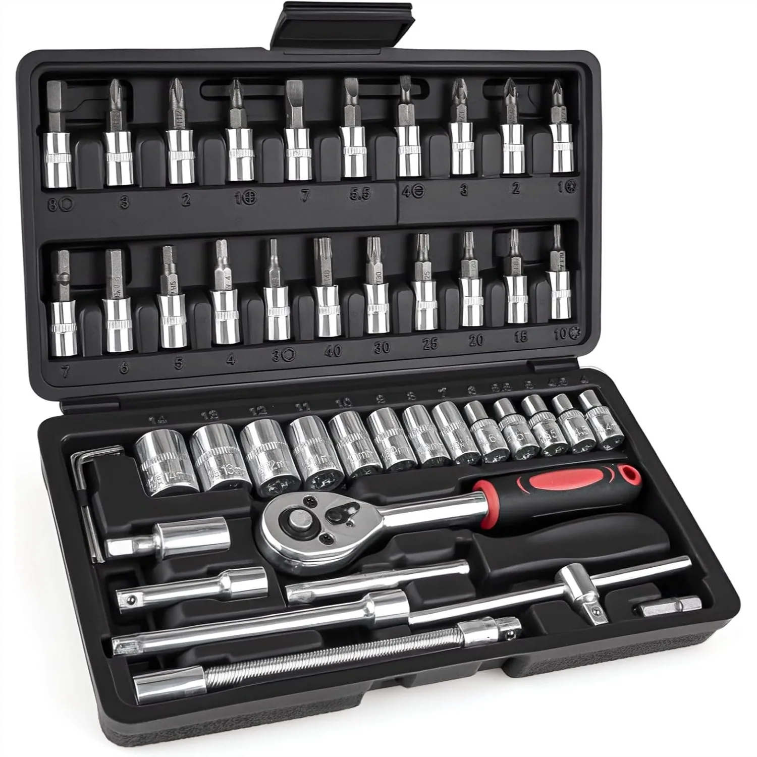 46PCS 1/4 Inch Ratchet Socket Wrench Set, Metric Tool Kit for Automotive and Home Repairs, Durable and Versatile
46PCS 1/4 Inch Ratchet Socket Wrench Set, Metric Tool Kit for Automotive and Home Repairs, Durable and Versatile