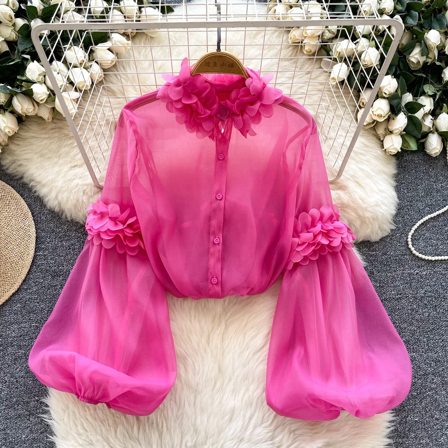 2025 New Solid High Quality Organza Sheer Blouse Ladies Lantern Sleeves Vintage Loose Top Korean 3D Floral Luxury Casual Shirt
2025 New Solid High Quality Organza Sheer Blouse Ladies Lantern Sleeves Vintage Loose Top Korean 3D Floral Luxury Casual Shirt