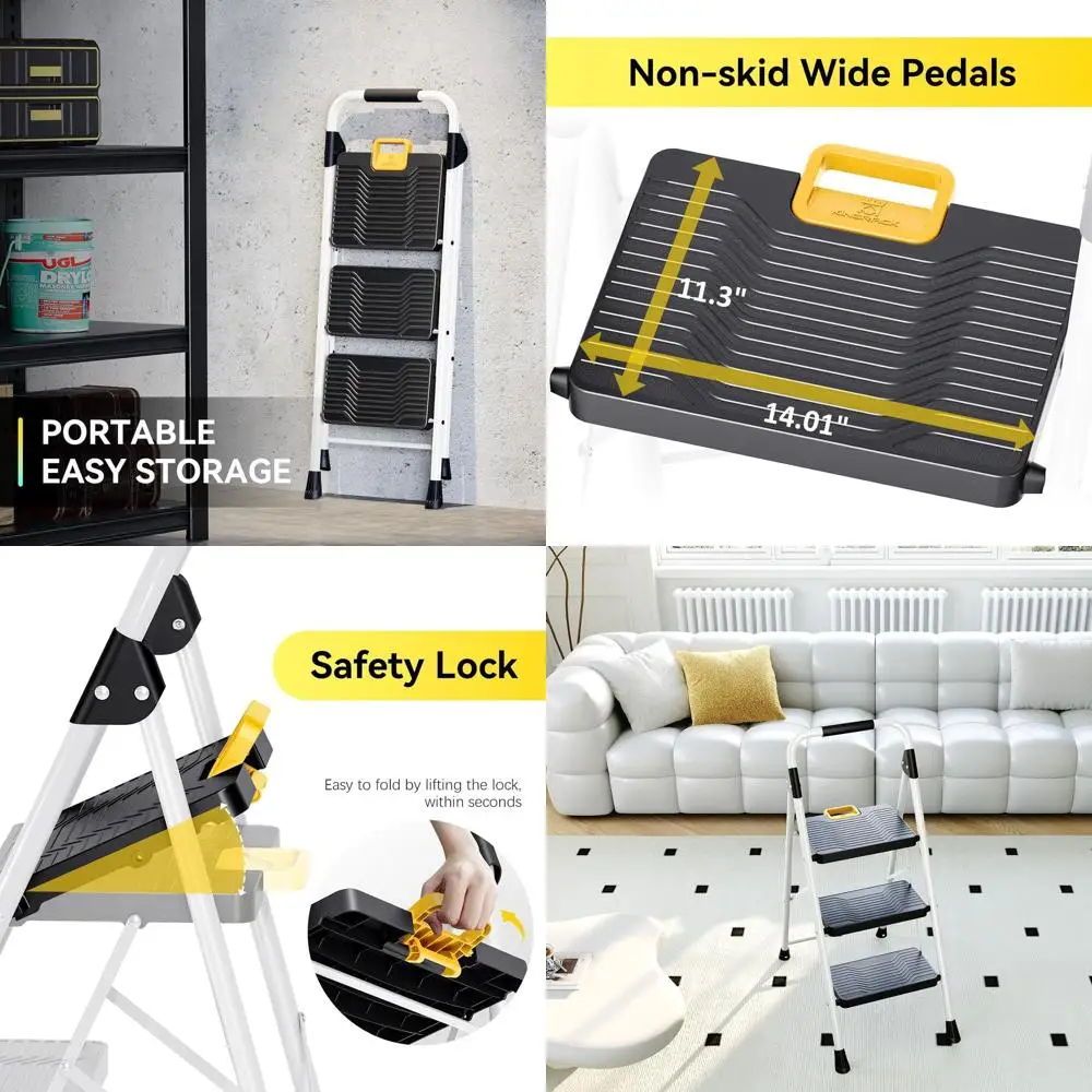 Трехступенчатая складная лестница с грузоподъемностью 800 фунтов, защитным замком, нескользящими ступенями и боковыми поручнями для дома и офиса, белая
Трехступенчатая складная лестница с грузоподъемностью 800 фунтов, защитным замком, нескользящими ступенями и боковыми поручнями для дома и офиса, белая
