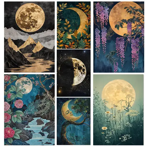 Arte oscuro, luna llena, cielo nocturno, estrellas, Luna, flores, cartel Retro Natural, pinturas en lienzo, imágenes artísticas de pared, decoración del hogar