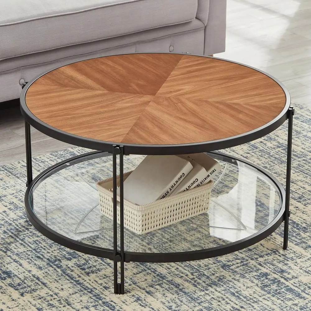 32 Diameter Glass Top Coffee Table with Wood and Metal Frame for Living Spaces
32 Diameter Glass Top Coffee Table with Wood and Metal Frame for Living Spaces