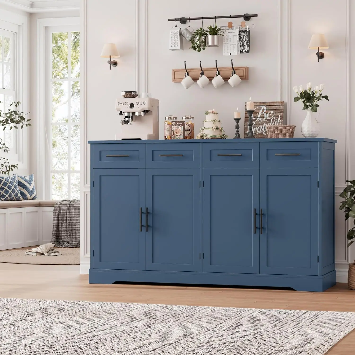 60" Large Buffet Sideboard with Storage, 36" Tall Kitchen Buffet Storage Cabinet with 4 Drawers, Modern Coffee Bar, Customized
60" Large Buffet Sideboard with Storage, 36" Tall Kitchen Buffet Storage Cabinet with 4 Drawers, Modern Coffee Bar, Customized