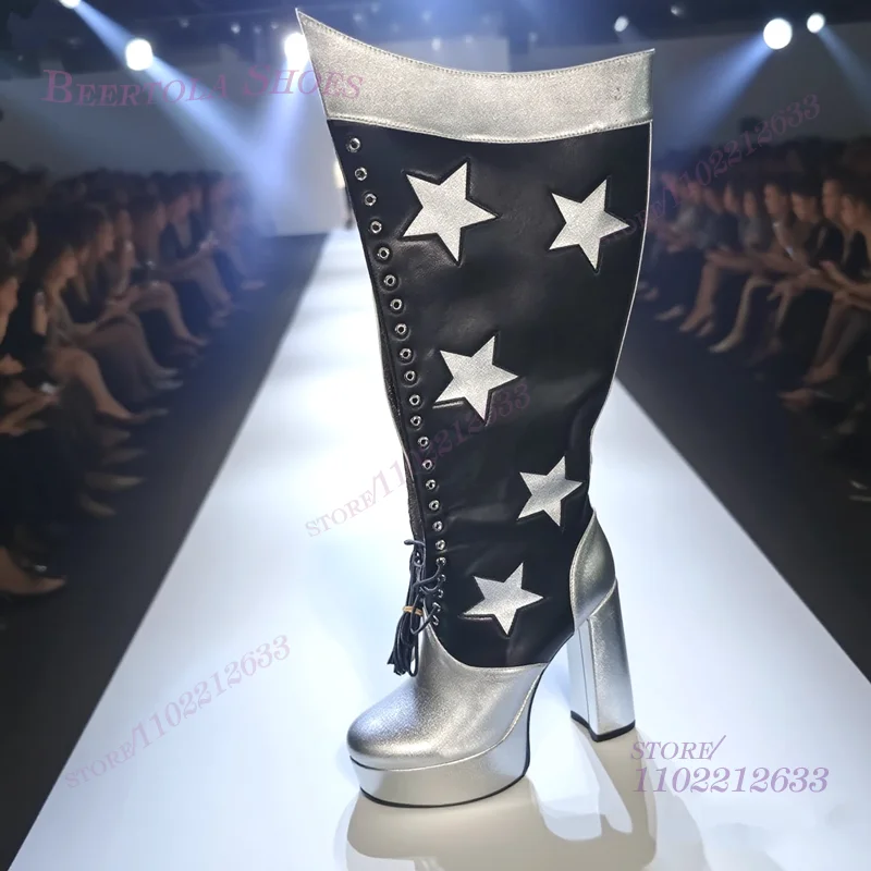 Dark Blue Leather Silver Star Embroidered Boots Girls Platform Knee-High Glitter Booties Chunky Heel Patchwork Zipper Cute Shoes
Dark Blue Leather Silver Star Embroidered Boots Girls Platform Knee-High Glitter Booties Chunky Heel Patchwork Zipper Cute Shoes