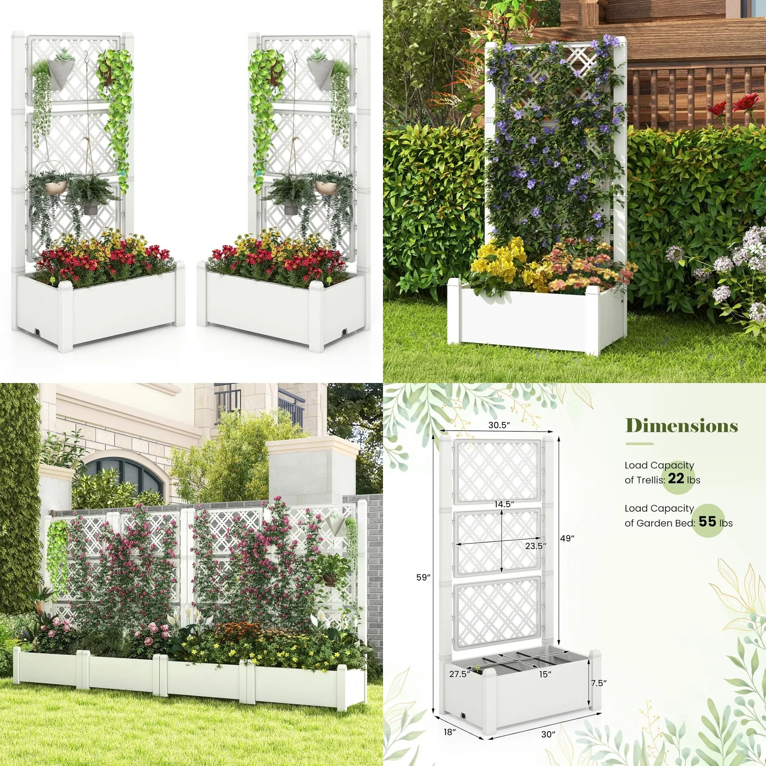 Raised Garden Bed Trellis 59in Self-Watering Planter Water Indicator Divider Climbing Vine Indoor Outdoor Customized
Raised Garden Bed Trellis 59in Self-Watering Planter Water Indicator Divider Climbing Vine Indoor Outdoor Customized