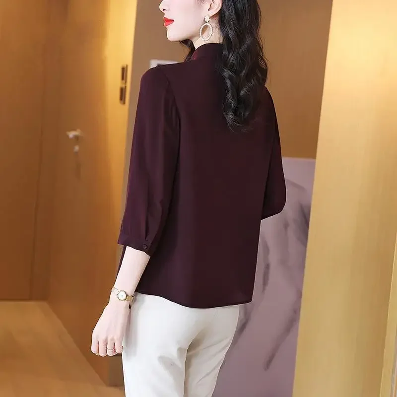 Womens Clothing Vintage Stand Collar Elegant Button Up Shirt Korean Fashion Office Lady Business Casual Blouse Simple Solid Tops
Womens Clothing Vintage Stand Collar Elegant Button Up Shirt Korean Fashion Office Lady Business Casual Blouse Simple Solid Tops