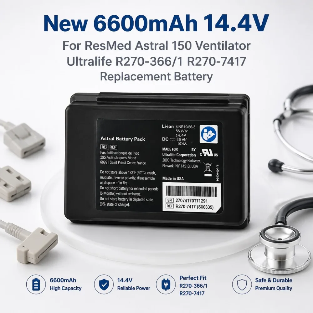 New 6600mAh 14.4V Rechargeable Battery For ResMed Astral 150 Ventilator Ultralife R270-366/1 R270-7417 Replacement Battery
New 6600mAh 14.4V Rechargeable Battery For ResMed Astral 150 Ventilator Ultralife R270-366/1 R270-7417 Replacement Battery
