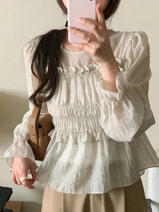 Chic Spring Women's Slimming Gathered Waist Skirted Shoulder Blouse Korean Style Loose Fit Long Sleeve Polyester Polyester
Chic Spring Women's Slimming Gathered Waist Skirted Shoulder Blouse Korean Style Loose Fit Long Sleeve Polyester Polyester