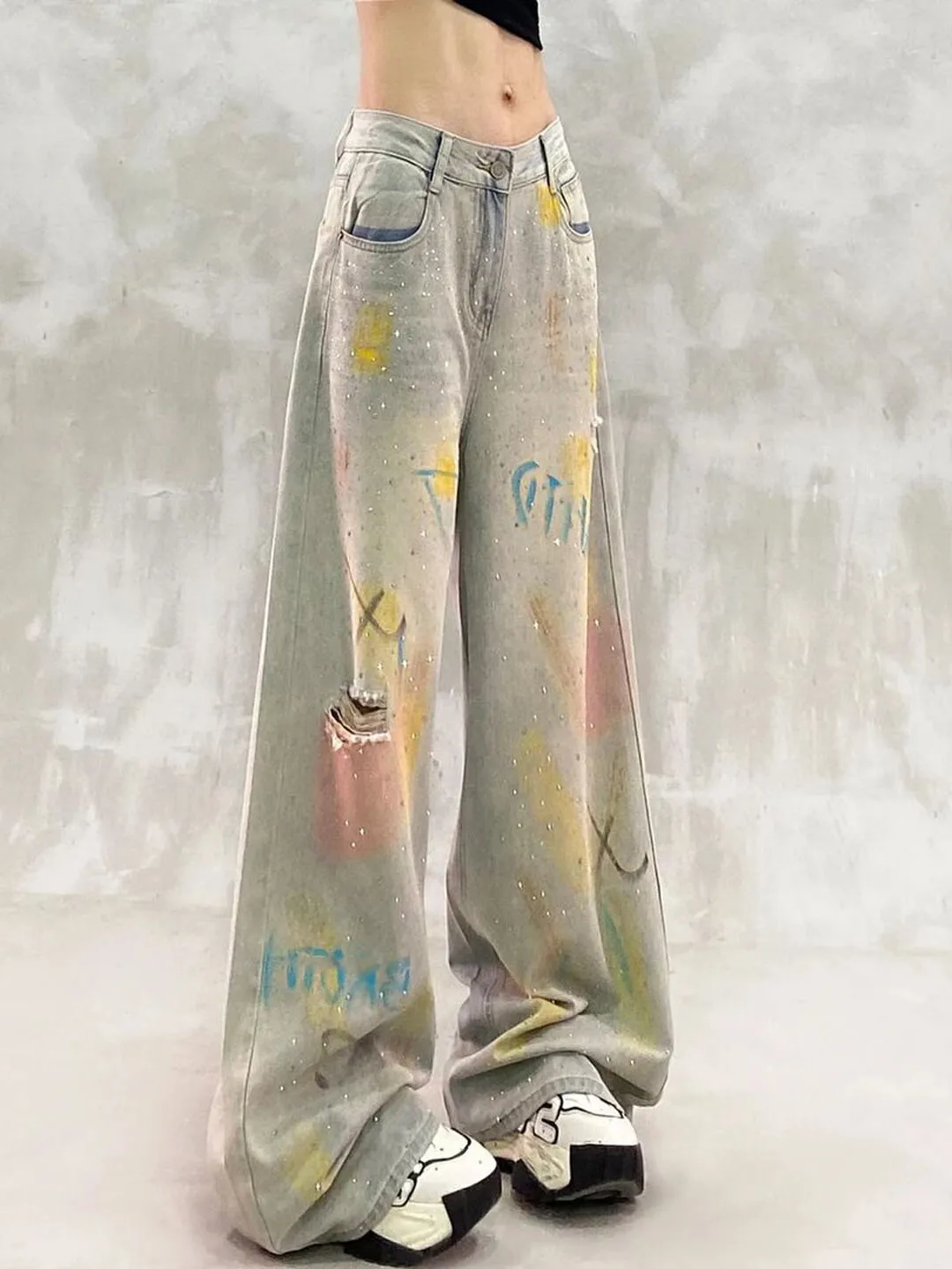Graffiti Diamond Embellished Casual Denim Jeans Women's High Waist Loose Slimming Straight Leg Wide Leg Pants
Graffiti Diamond Embellished Casual Denim Jeans Women's High Waist Loose Slimming Straight Leg Wide Leg Pants