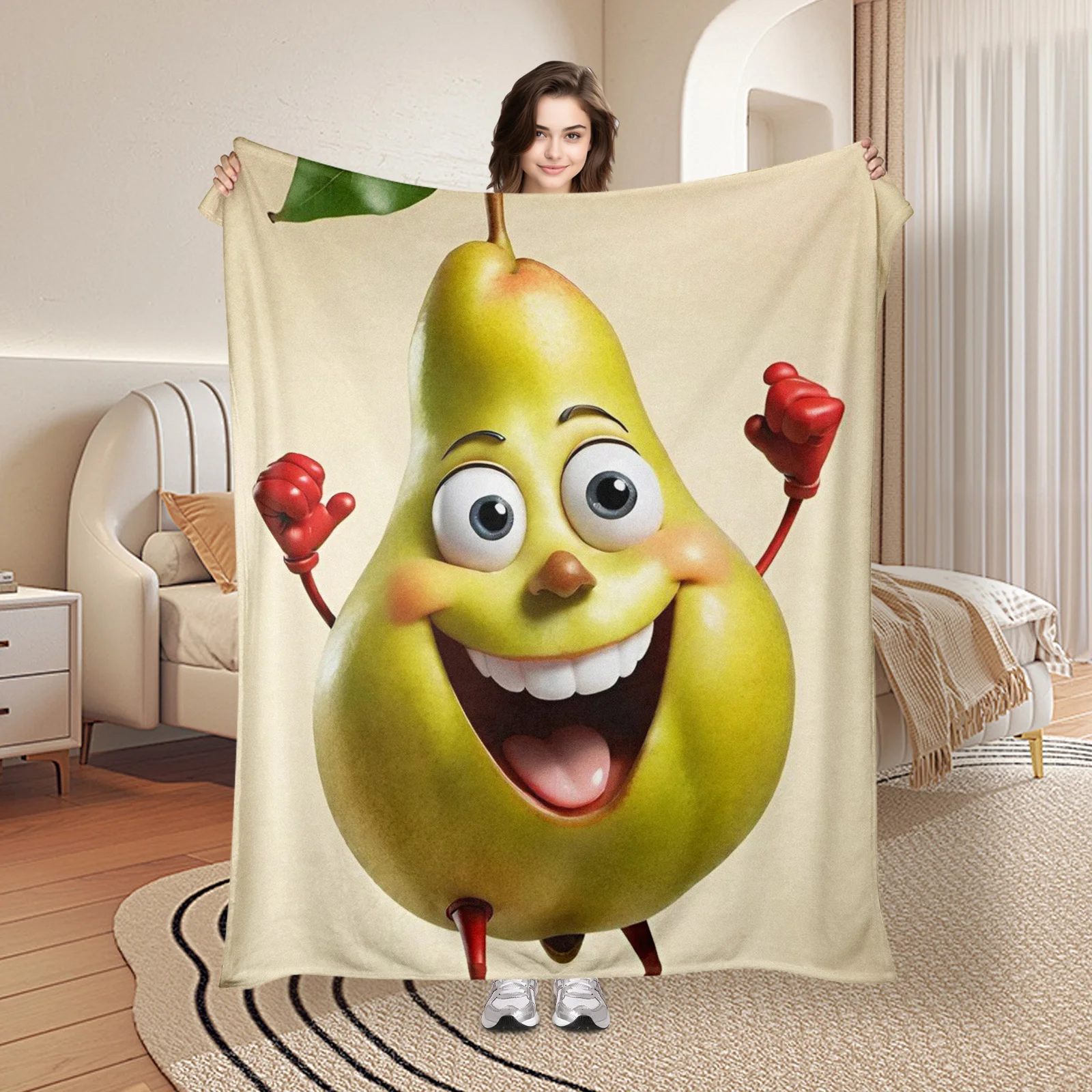 Green Pear Themed Blanket Featuring Vegetable Motifs And Personified Art For Warmth And Style With Matching Glove Accent
Green Pear Themed Blanket Featuring Vegetable Motifs And Personified Art For Warmth And Style With Matching Glove Accent