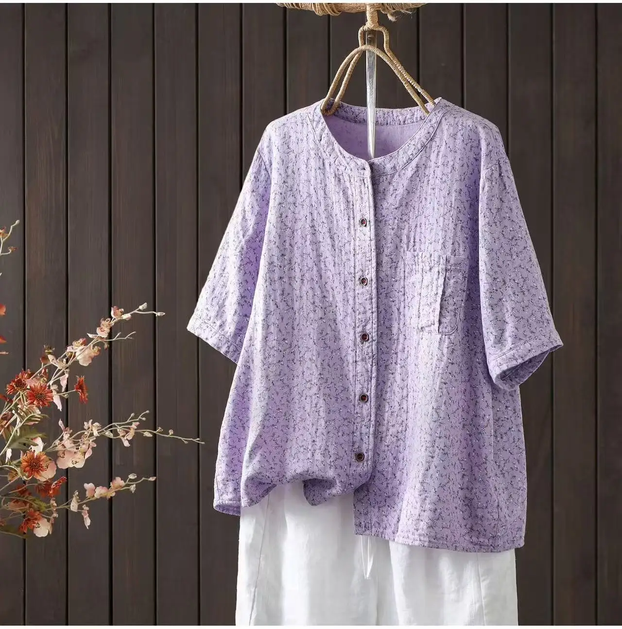 Women's Vintage Purple Floral Print Cotton Yarn Blouse Short Sleeve Shirt Japan Fashion Middle Aged Women Clothing
Women's Vintage Purple Floral Print Cotton Yarn Blouse Short Sleeve Shirt Japan Fashion Middle Aged Women Clothing