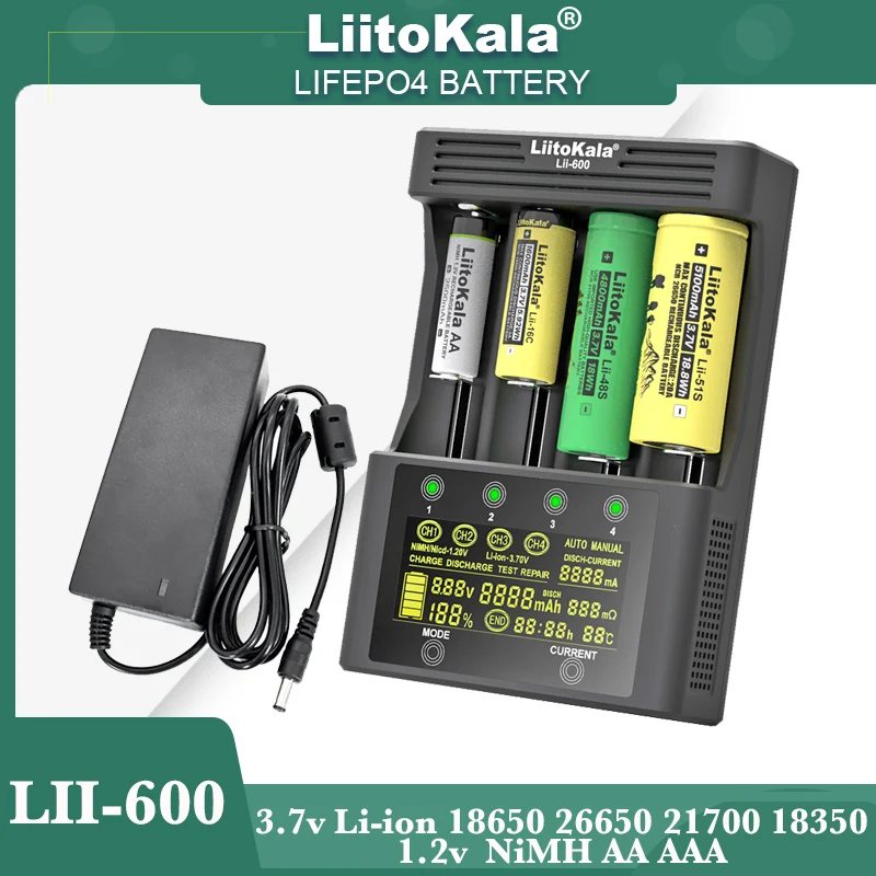 NEW LiitoKala Lii-600 Battery Charger For Li-ion 3.7V batteries Suitable for 18650 26650 21700 26700 1.2V NiMH AA AAA
NEW LiitoKala Lii-600 Battery Charger For Li-ion 3.7V batteries Suitable for 18650 26650 21700 26700 1.2V NiMH AA AAA