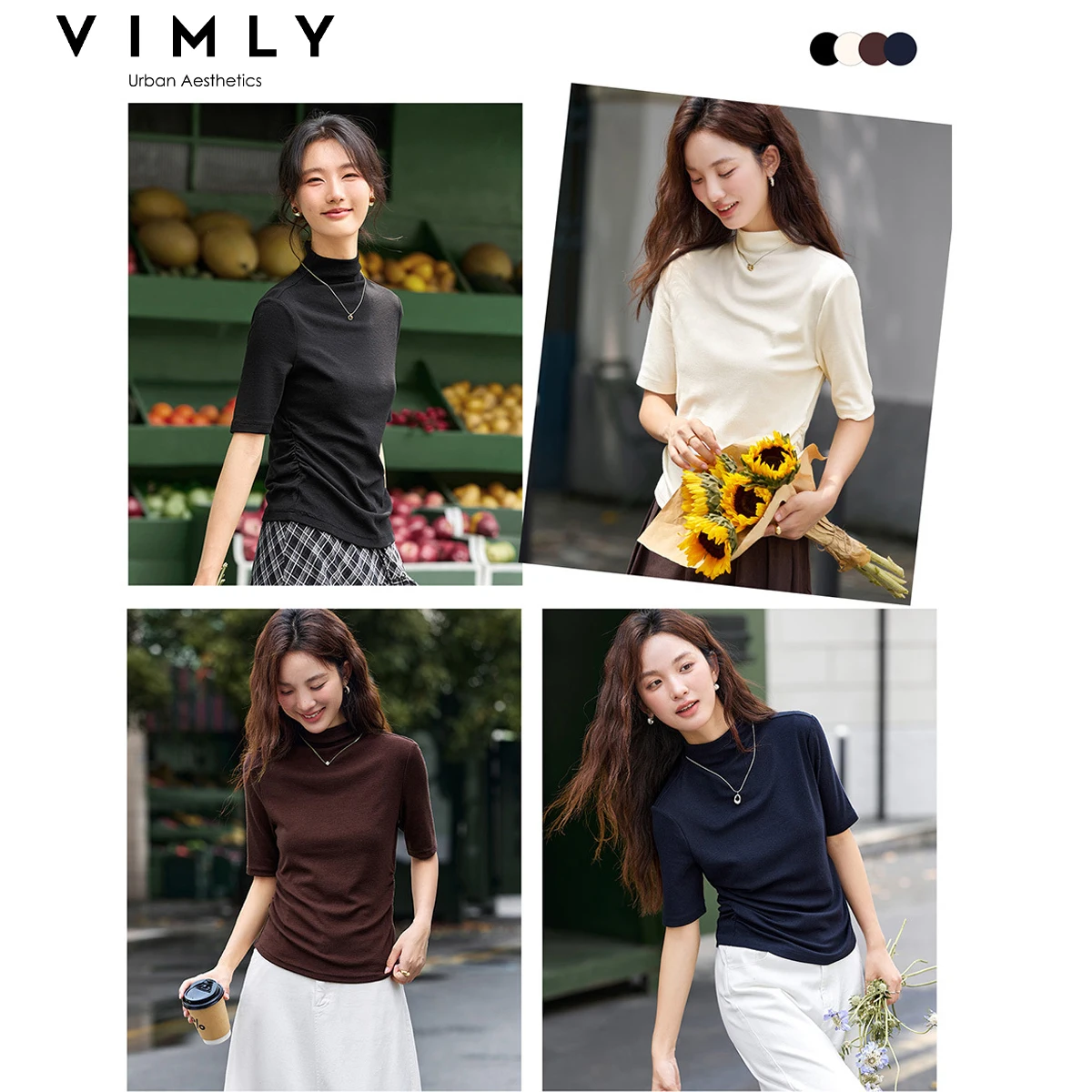 VIMLY женские футболки с короткими рукавами, осень 2023, повседневные вязаные облегающие женские топы со складками и воротником-стойкой, женская одежда A2811
VIMLY женские футболки с короткими рукавами, осень 2023, повседневные вязаные облегающие женские топы со складками и воротником-стойкой, женская одежда A2811