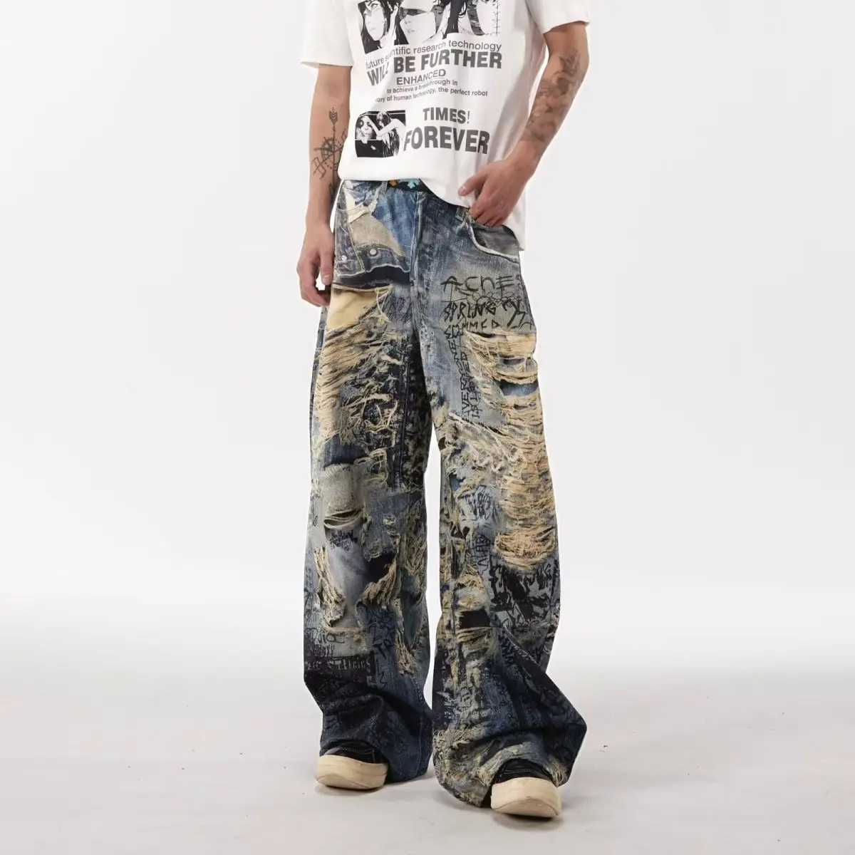American Street Destruction Style Printing Graffiti Denim Pants Oversized Retro Personality Fashion Loose Casual Wide Leg Jeans
American Street Destruction Style Printing Graffiti Denim Pants Oversized Retro Personality Fashion Loose Casual Wide Leg Jeans