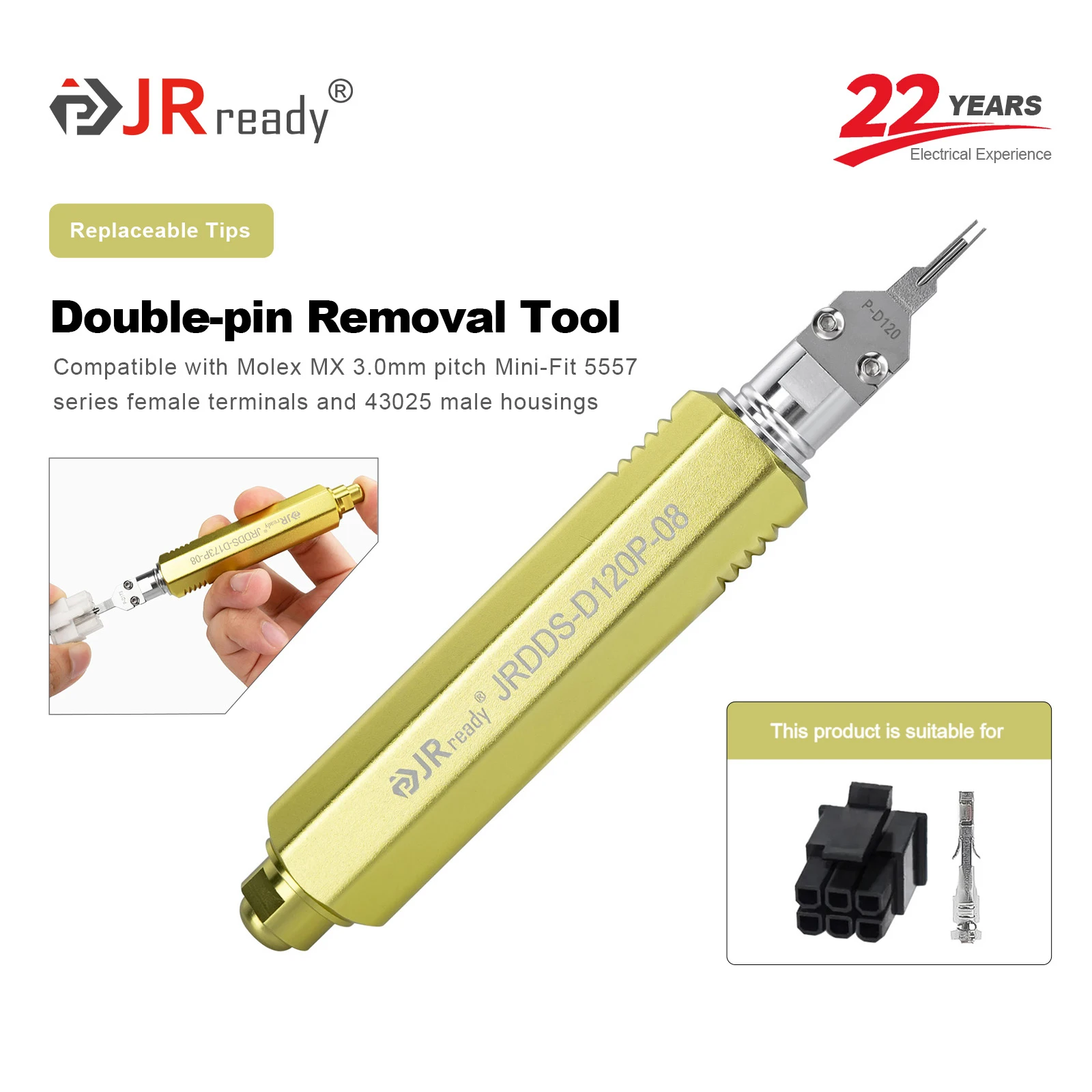 JRready JRDDS Dual-Pin Terminal Extraction Tool Suitable for Molex MX3.0mm Pitch 5557 Series Female & Male Terminals
JRready JRDDS Dual-Pin Terminal Extraction Tool Suitable for Molex MX3.0mm Pitch 5557 Series Female & Male Terminals