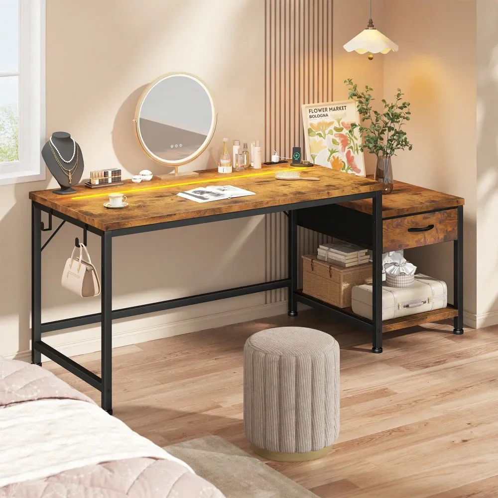 48.1 Computer Desk With Power Outlet LED Lights Reversible Office Desk With Drawers Shelf To Storage Small Desk For Bedroom,Dor
48.1 Computer Desk With Power Outlet LED Lights Reversible Office Desk With Drawers Shelf To Storage Small Desk For Bedroom,Dor