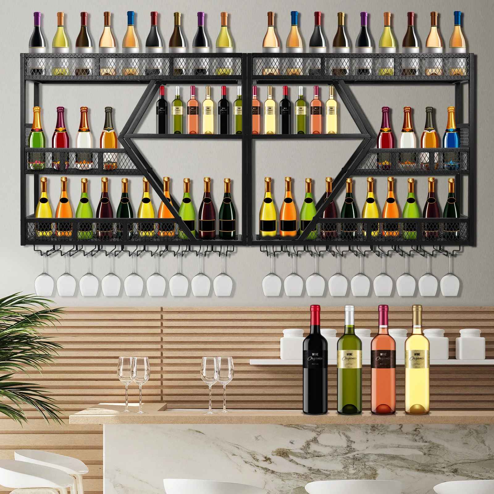 Wall Mounted Wine Bottle Holder 3-Tier Wine Storage Rack Metal with Glass Holder for Home Kitchen Dining Room Coffee Shop Black
Wall Mounted Wine Bottle Holder 3-Tier Wine Storage Rack Metal with Glass Holder for Home Kitchen Dining Room Coffee Shop Black