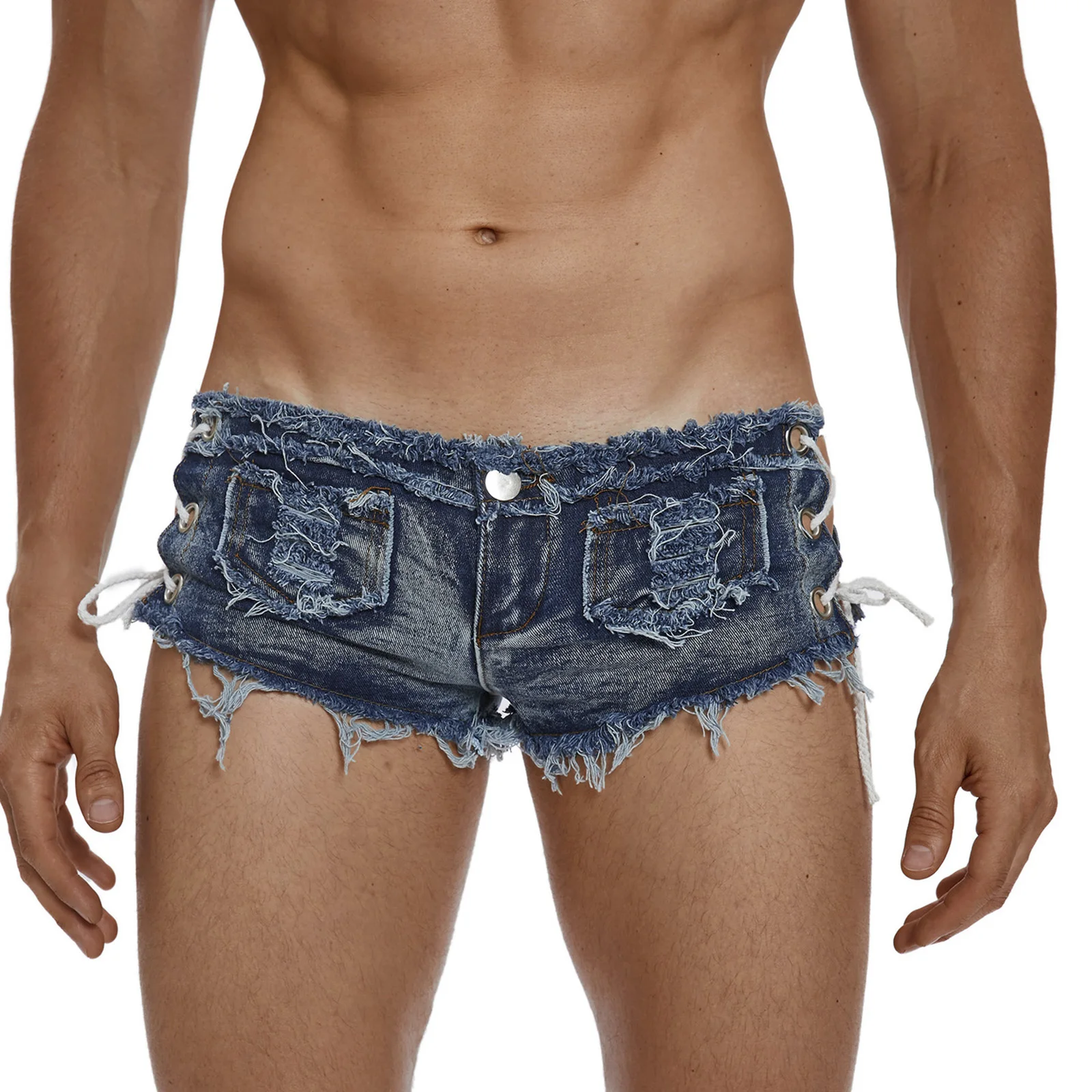 Mens Low Rise Jeans Extra Short Hot Pants Raw Edge Ripped Denim Shorts Sides Lace-up Booty Jeans Shorts for Rave Party Clubwear
Mens Low Rise Jeans Extra Short Hot Pants Raw Edge Ripped Denim Shorts Sides Lace-up Booty Jeans Shorts for Rave Party Clubwear