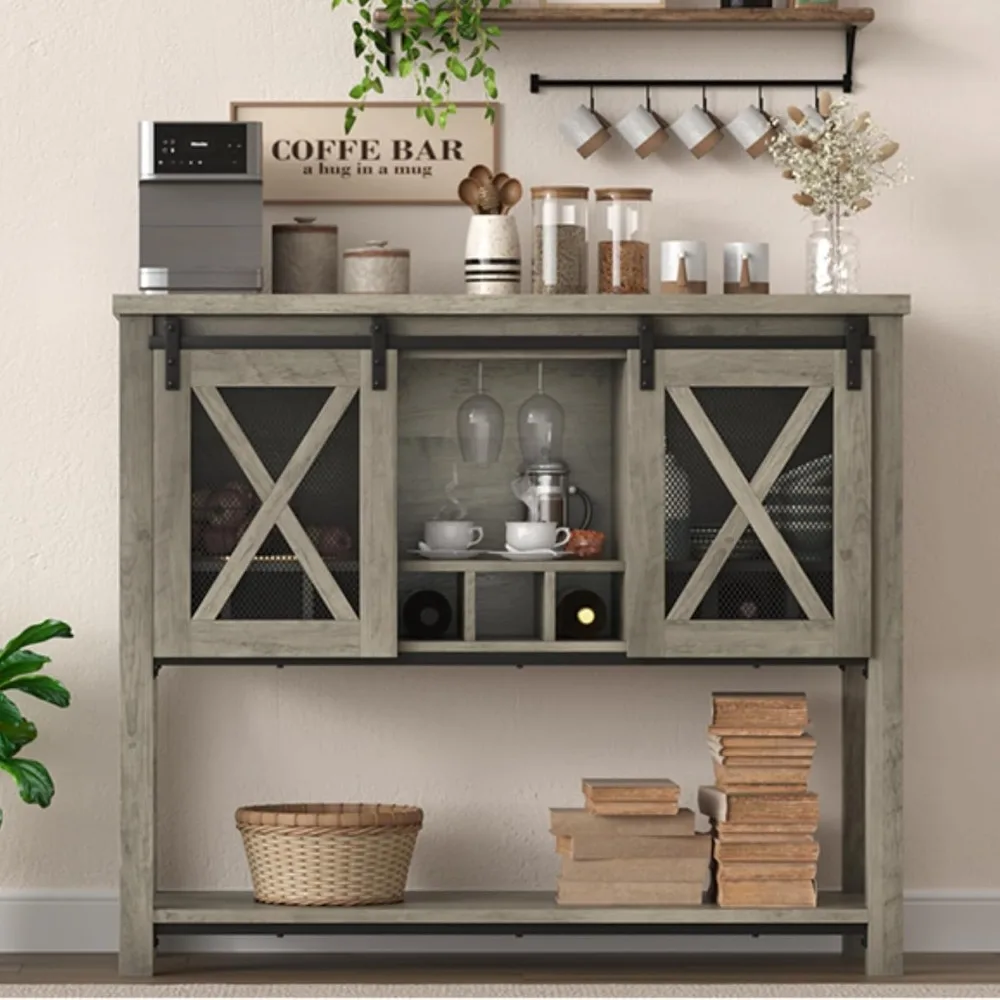 Farmhouse Console Table, Coffee Bar Sideboard Cabinet Storage With Sliding Barn Doors, Entryway Table With Glass Rack
Farmhouse Console Table, Coffee Bar Sideboard Cabinet Storage With Sliding Barn Doors, Entryway Table With Glass Rack